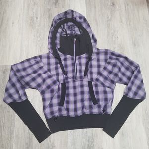 Lululemon Run Reflection Pullover Jacket Purple Black Plaid Hood Half Zip